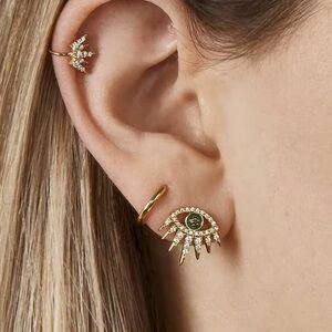 Gold and Green Eye Stud Earring and Earring Cuff.